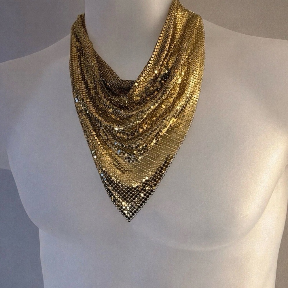 Whiting & Davis Gold Mesh Bib Scarf Collar Vintage Chainmail Necklace